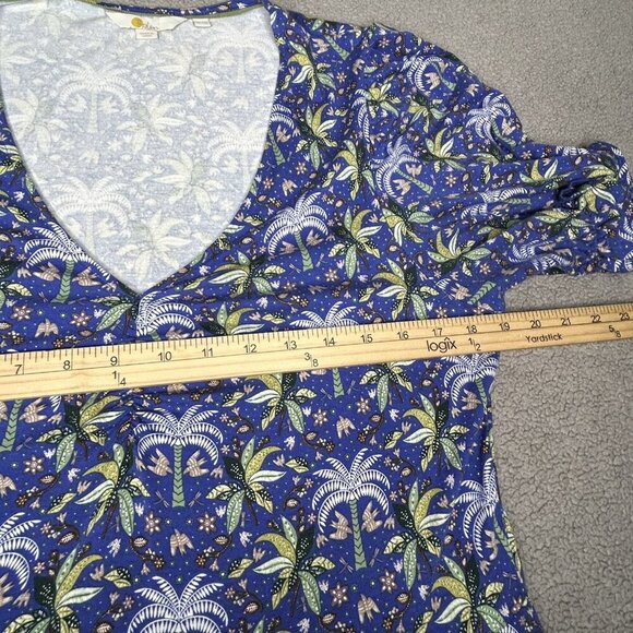 Boden Dress US Size 12 Blue Palm Trees Ruched V-Neck Pockets Swing Puff Sleeve - Picture 9 of 15